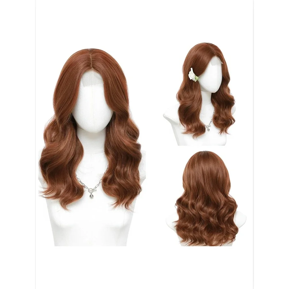 Auburn Medium Length Wavy Wig 18 In Middle Part Synthetic Hair Natural Hairline